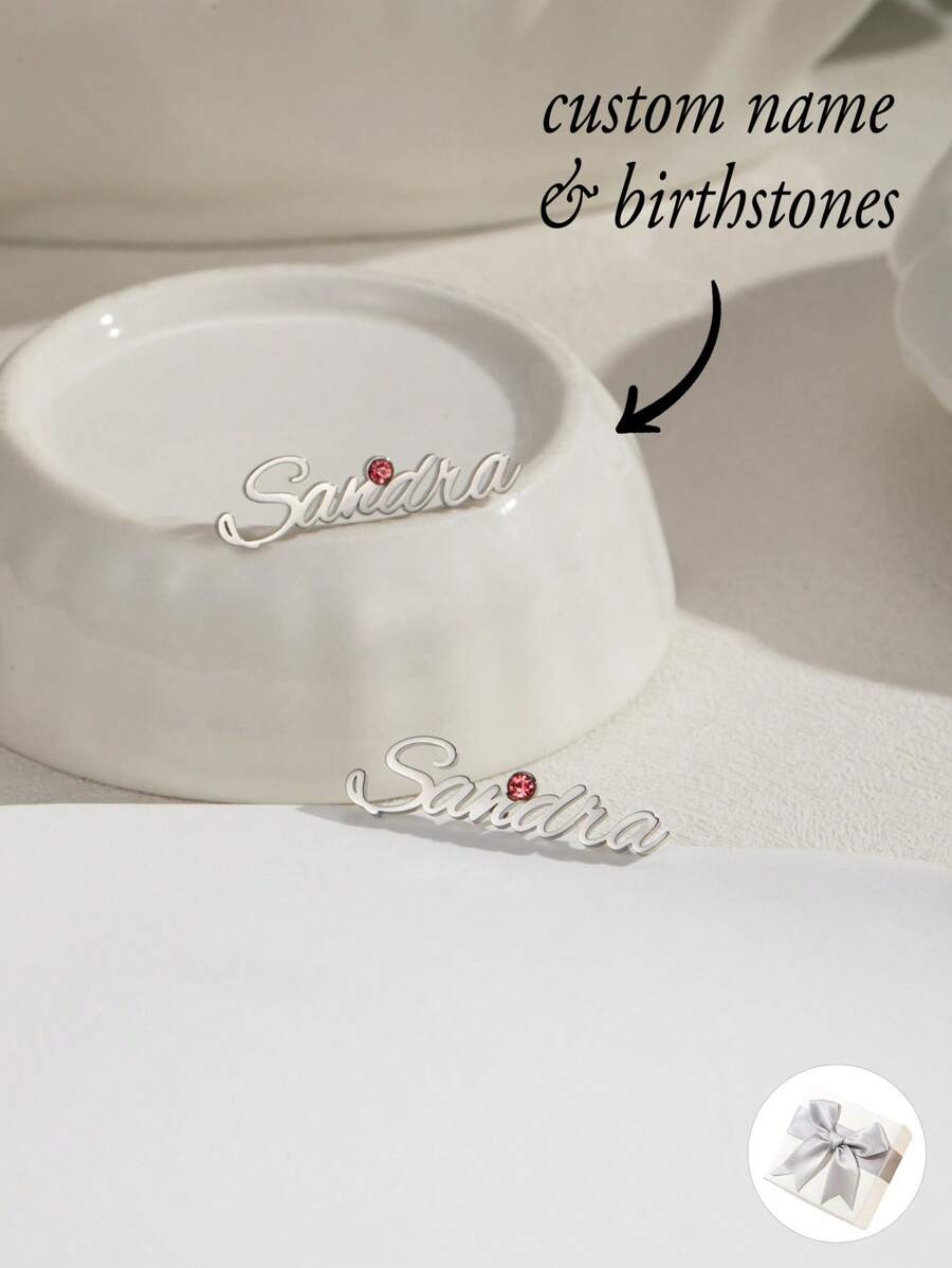 1pair Customized Name & Birthstone Stud Earrings, Personalized Name Earrings, Daily Commemorative Number Earrings, Minimalist Style Jewelry Gift For Women, Birthday Gift, Valentine's Day Gift, Christmas Gift