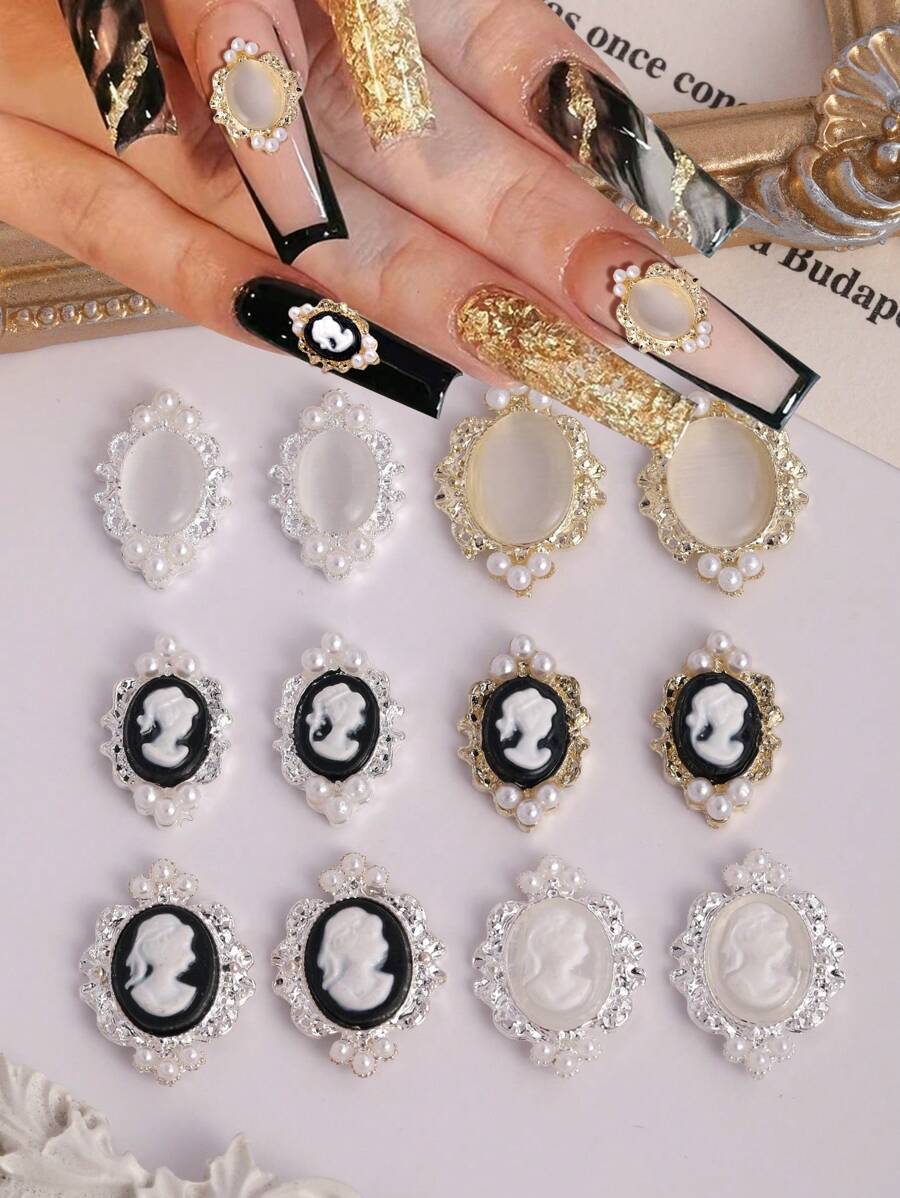 10 Pieces, Small Oval Nail Decorations, 3D Girl Nail Accessories, Personalized Cat Eye Nail Accessories, Gold Silver Black Pearl Nail Ornaments, Personalized Nails, Suitable For Nail Salons And Personal Use