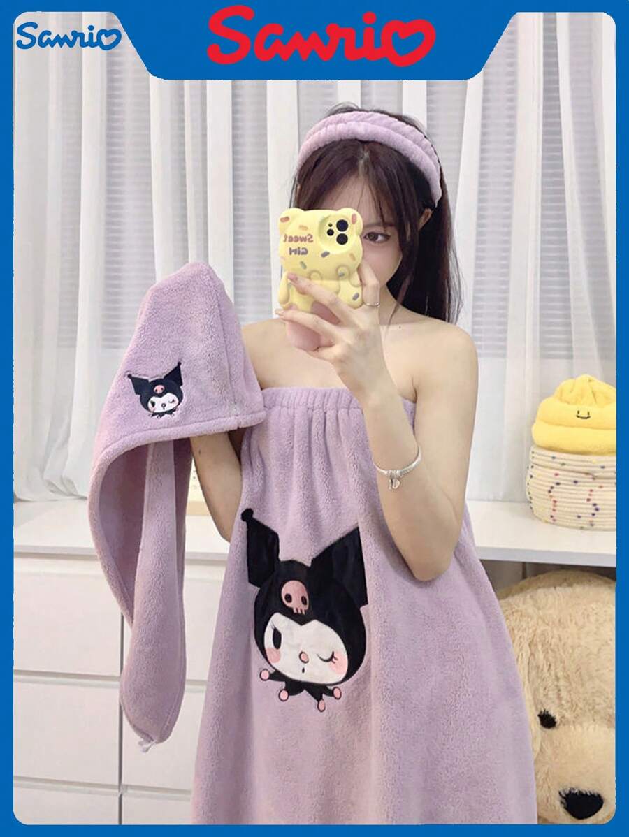 Sanrio Set de 3 piezas de toalla de baño: bata de baño absorbente que se puede usar o enrollar + gorro de secado de pelo + diadema, set de toalla de baño para decoración del baño, vuelta al colegio en verano
