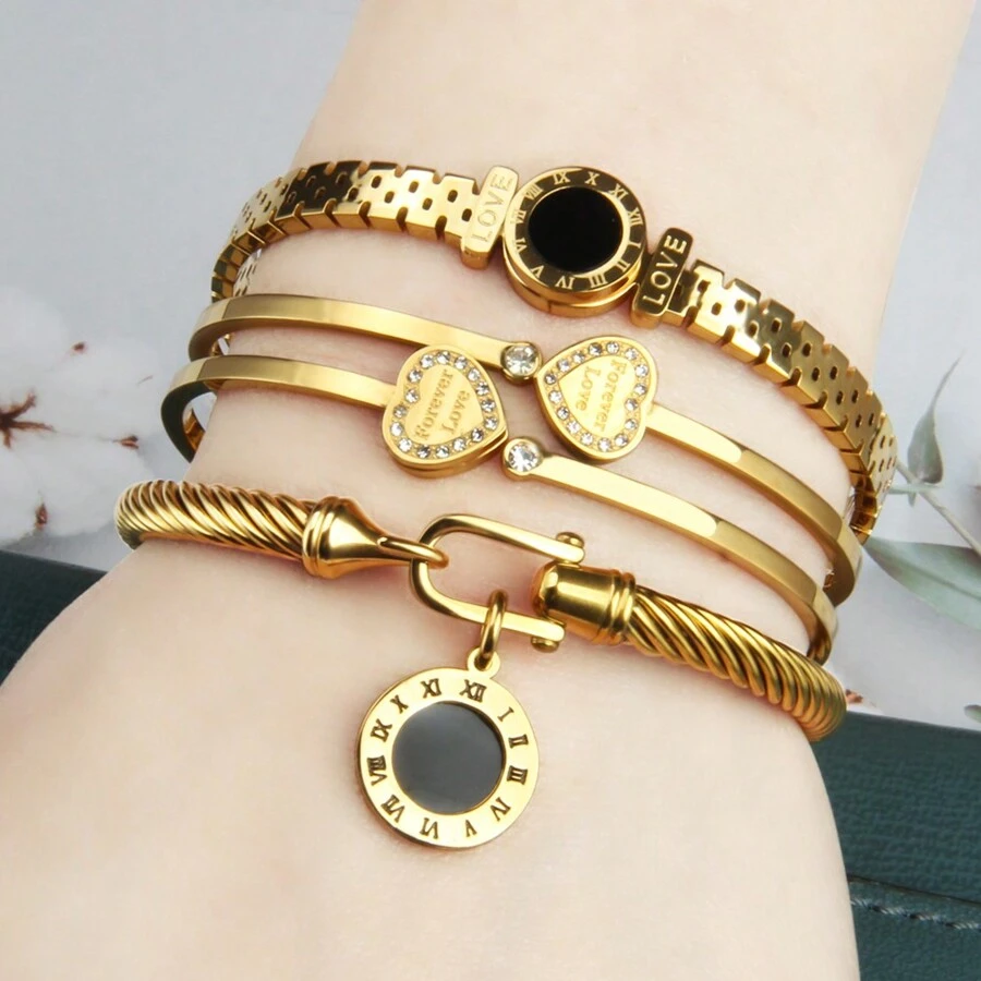 3-In-1 Set: Rhinestones Embedded Double LOVE Stainless Steel Bracelet, & Fashionable, With Romane Braided Steel Wire Bracelet Accessory, Great Gift