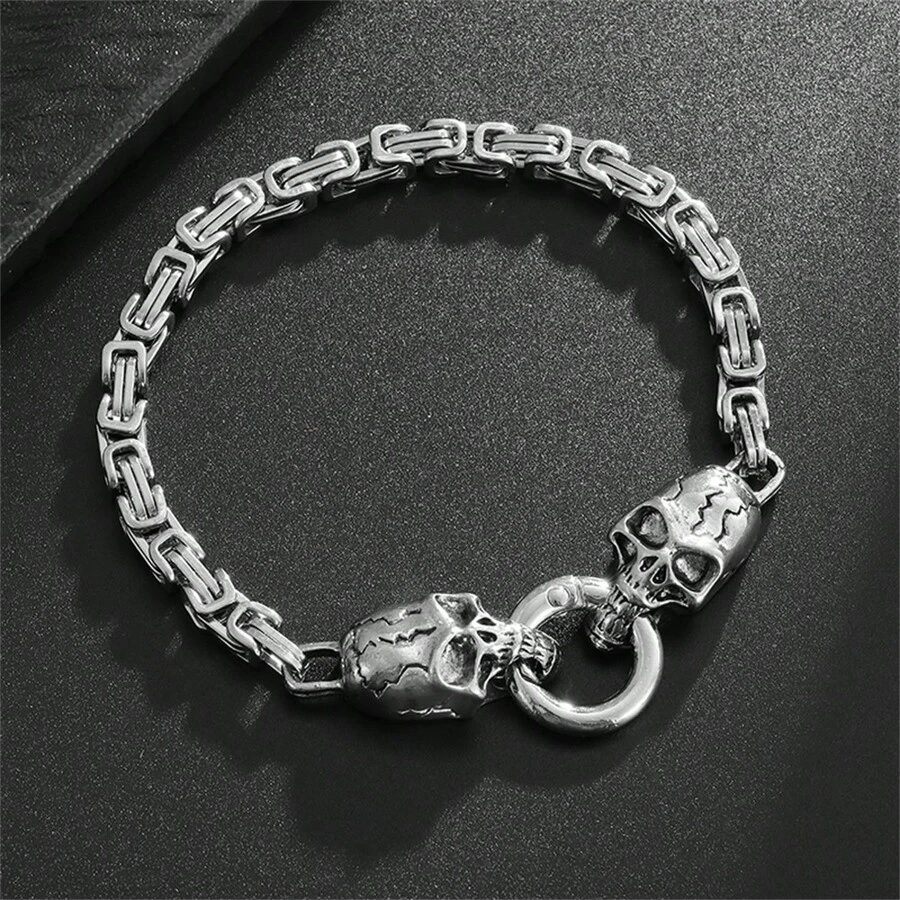 SeuSuk 1 Stück Herren Einzigartige Coole & Modische Hip Hop Punk Rock Edelstahl Doppel Skulls Silber Armband Schmuck Geschenk