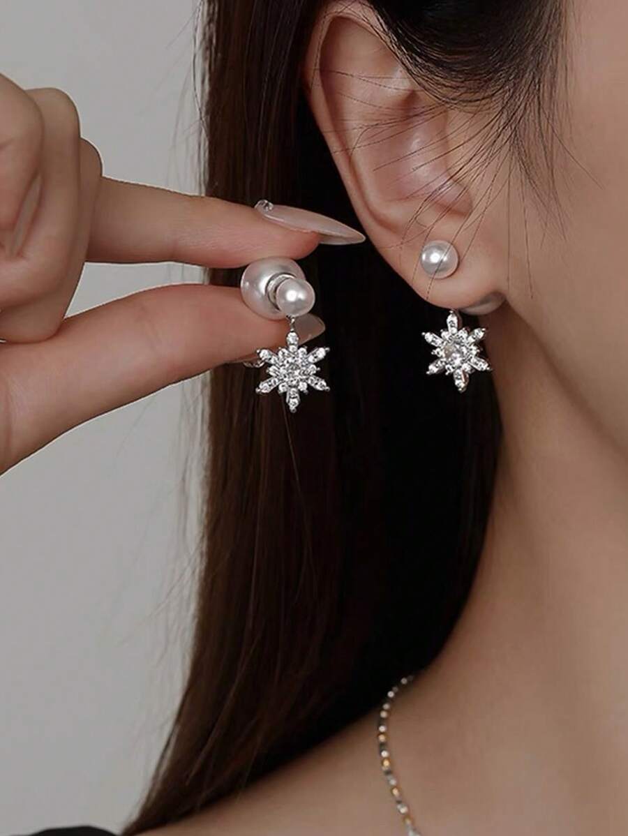 1 Pair Elegant Christmas Snowflake Faux Pearl Earrings, Versatile Style Suitable For Any Occasion For Women