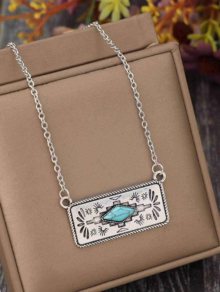 1pc estilo ocidental gravado turquesa incrustação retangular pingente colar, presente para mulheres