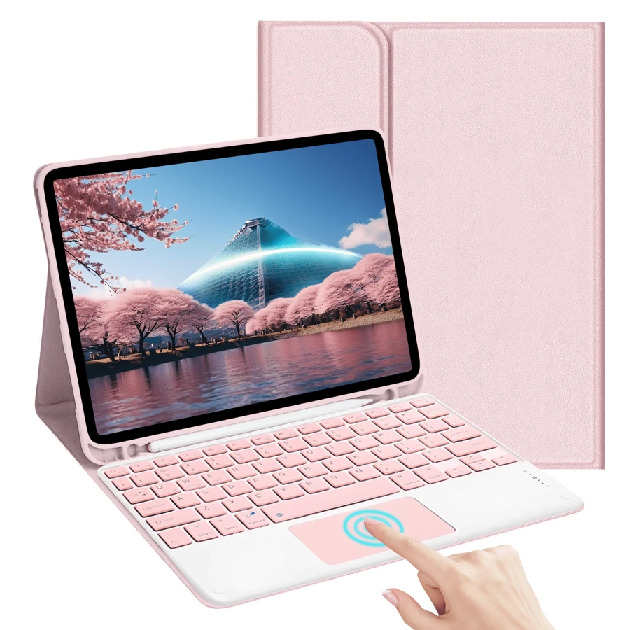 Keyboard Hülle mit Stifthalter, abnehmbare und aufladbare Touchpad-Tastatur kompatibel mit Samsung Galaxy Tab / iPad / Redmi Pad Se, magnetische Bluetooth-Tastaturhülle (Pink)