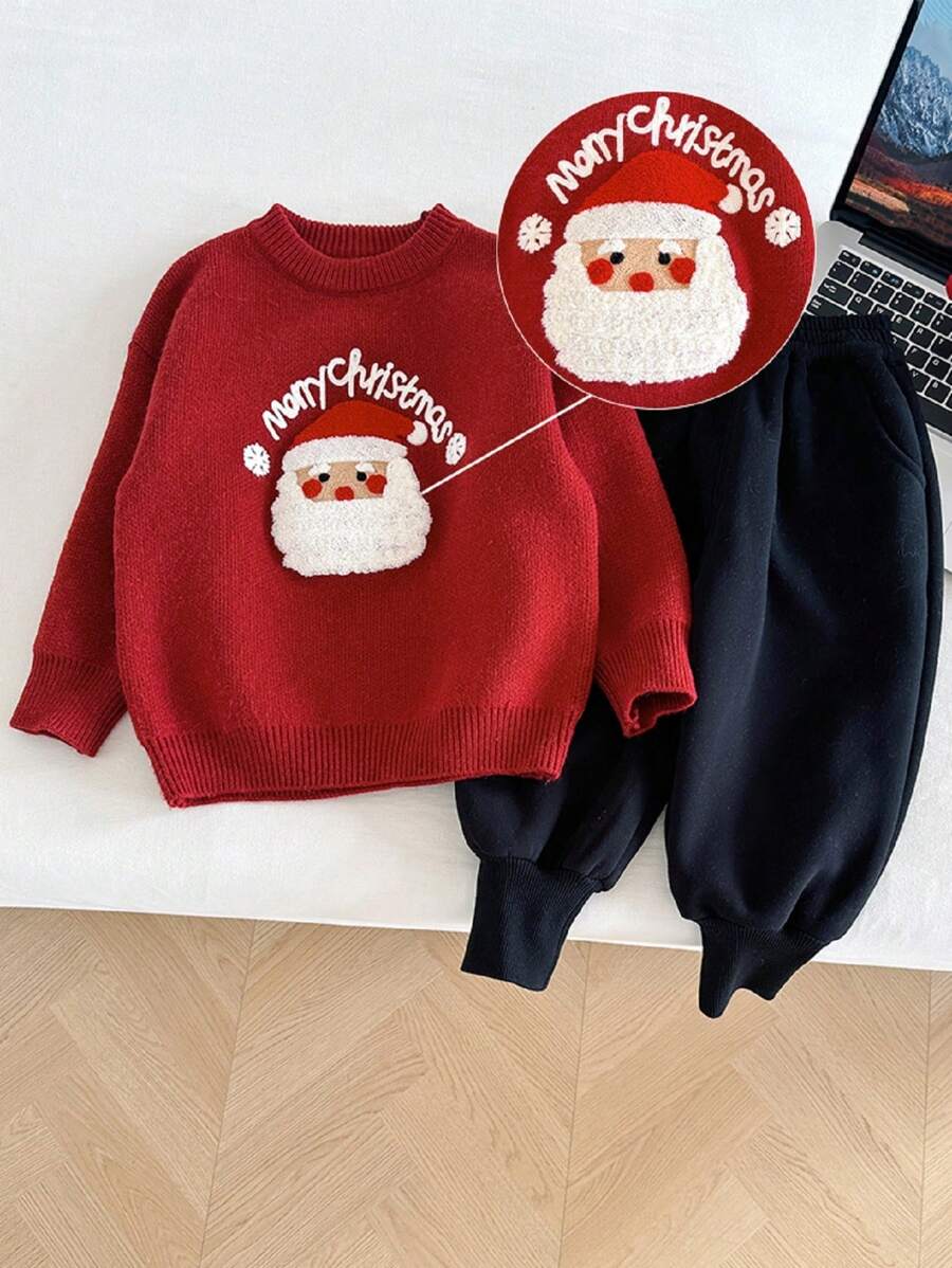 Young Boy Santa Claus Jacquard Knit Sweater, Autumn/Winter, For Christmas