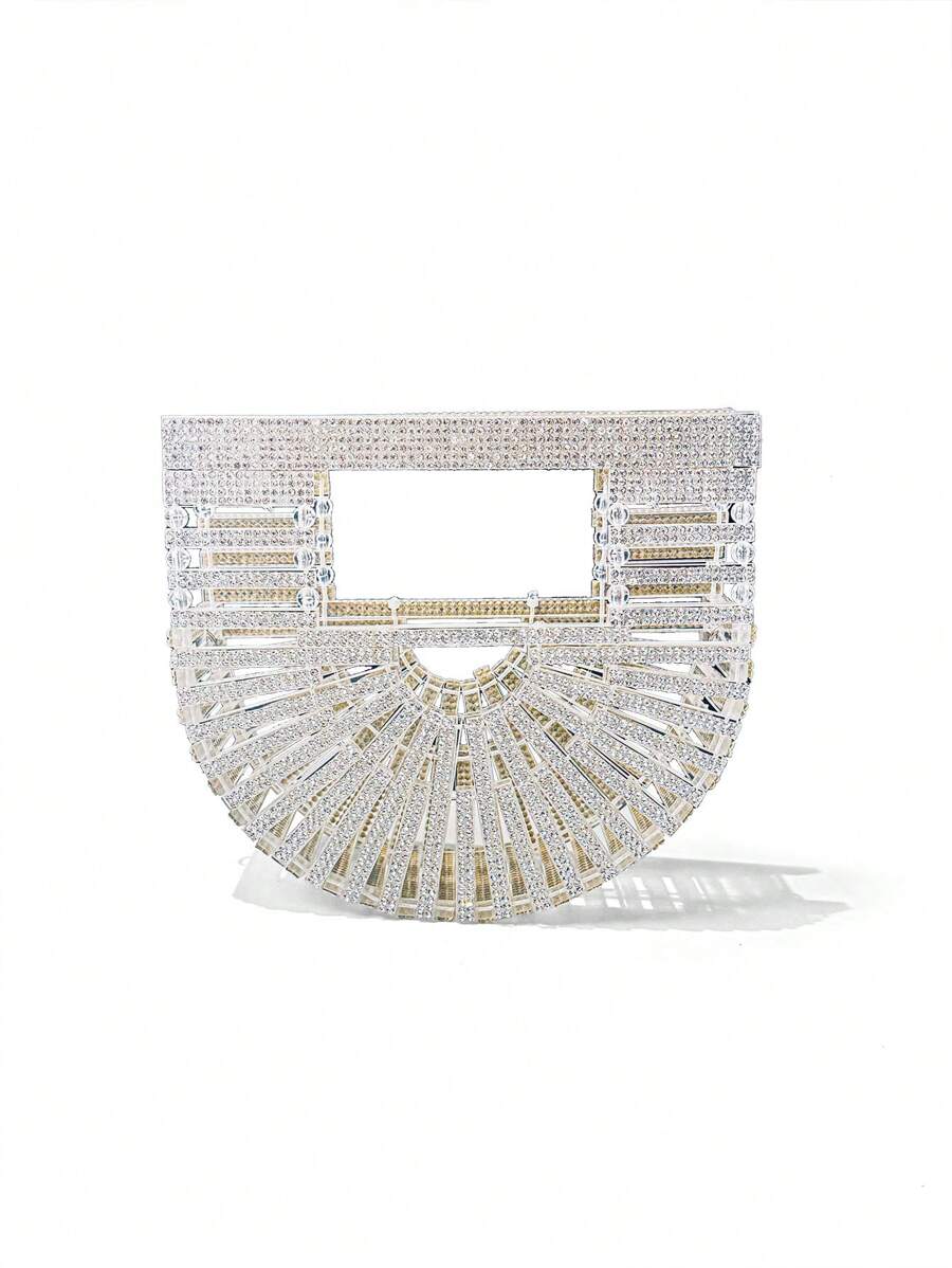 Hollow Basket Clutch, Shiny Rhinestone Decorated Silver Mini Acrylic Diamond-Studded Shoulder/Crossbody Bag For Women