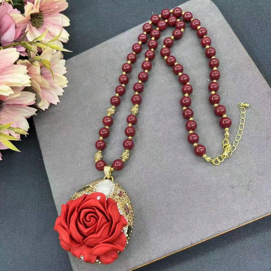 1pc Plus Size New Design Rose Flower Necklace With Baroque Pearl, Handmade, Original Design Jewelry, Suitable For Women