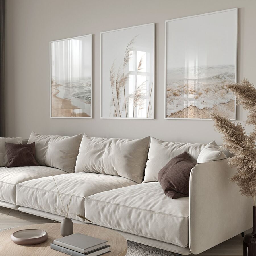 Conjunto de 3 impresiones de arte de pared estilo boho sin marco de temática costera neutra, incluye impresión de pasto pampa, minimalista, fotografía paisajística del océano, decoración estética para el hogar, arte de pared impermeable en lienzo, pintura mural para regalo, dormitorio, sala de estar, oficina, baño, hogar y decoración de dormitorio