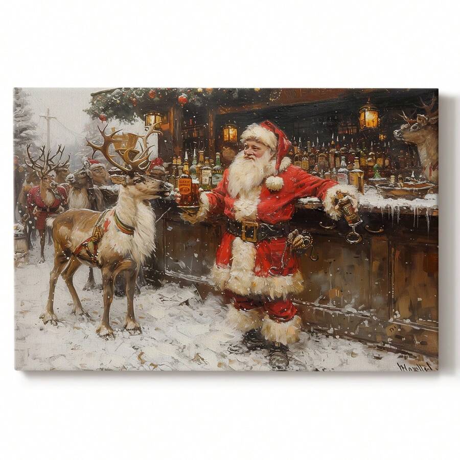 1pc Gallery Wrapped Ready To Hang Canvas Vintage Wall Art, Funny Christmas Santa Claus And The Boys At The Bar Art Wood Frame Canvas, Ready To Hang, Holiday, Mother's Day New Year Halloween Christmas Gift