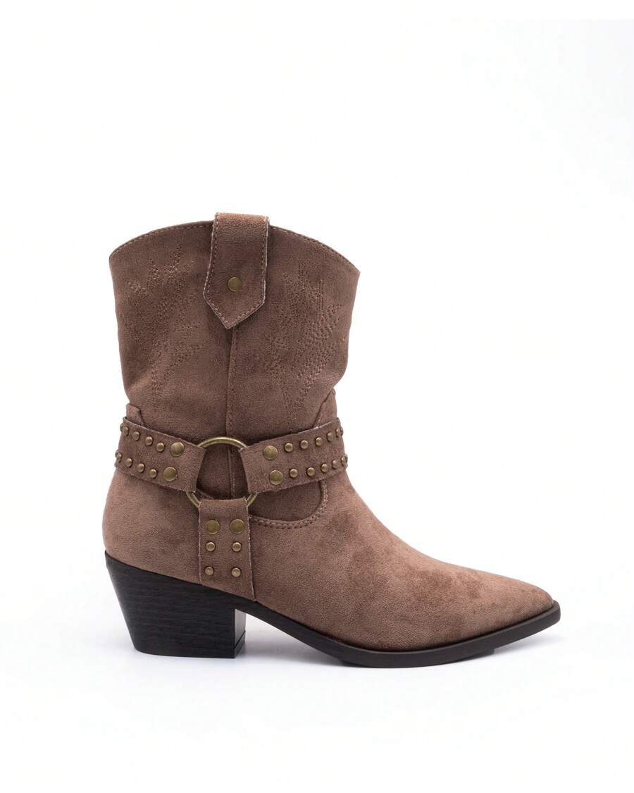 Cowboy-enkellaarzen voor dames, puntige neus met gespdetail met studs, geborduurd ontwerp, ritssluiting aan de zijkant