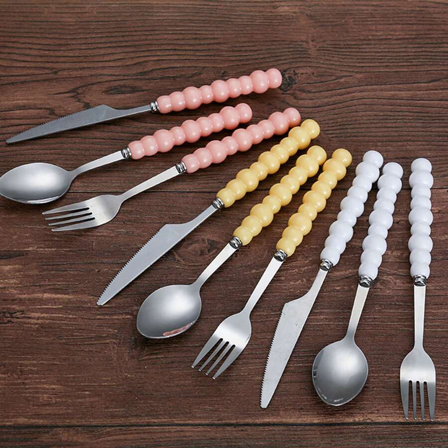3 à 30 pièces Ensemble de couverts de luxe en acier inoxydable avec poignée en perle d'imitation céramique, couverts créatifs pour un style de repas occidental