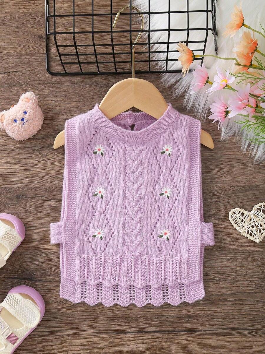 Infant Sleeveless Floral Embroidered Hollow-Out Knit Cardigan