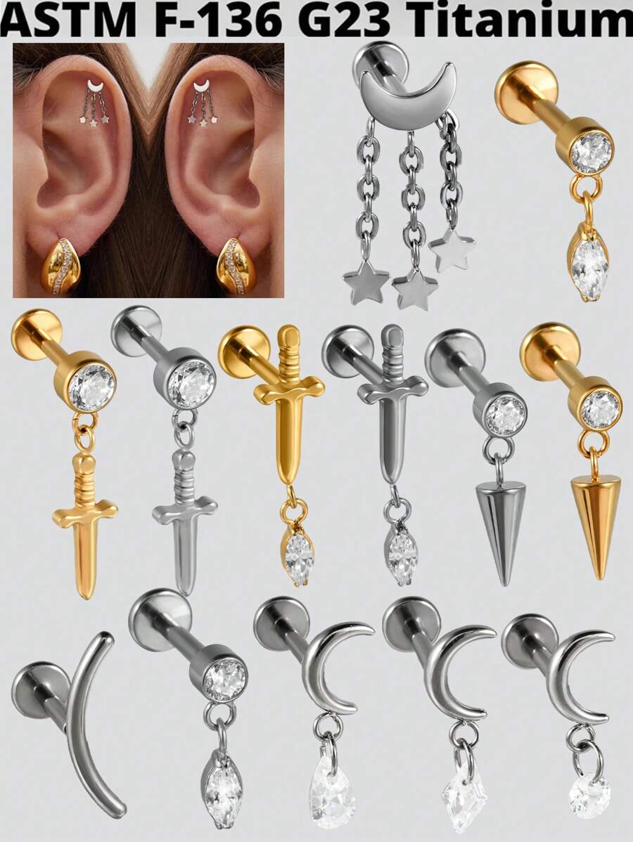 1 pièce Boucle d'oreille pendante de cartilage en titane G23 unicolore avec la forme de la lune, étude, 16G, avec filetage interne, épée, helix, oreille tragus, bijoux de piercing corporel