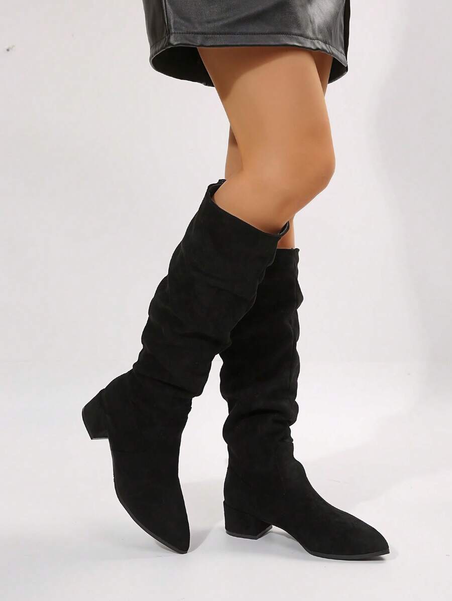 Women Ruched Mid-Calf Chunky Heel Boots, Black Fashion Comfy Pull-On Knee High Heeled Boots