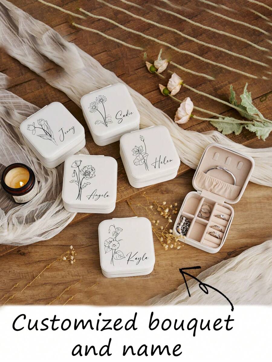 1 Stück personalisierter Namens- und Geburtstagsstrauß, kleine quadratische Aufbewahrungsbox für Ohrringe, Halsketten und Ringe, Schmuckbox, Geschenk für Schwester, Mutter, Brautjungfer, Reisen, Schulmaterial, Schule, Büro, für die Schule