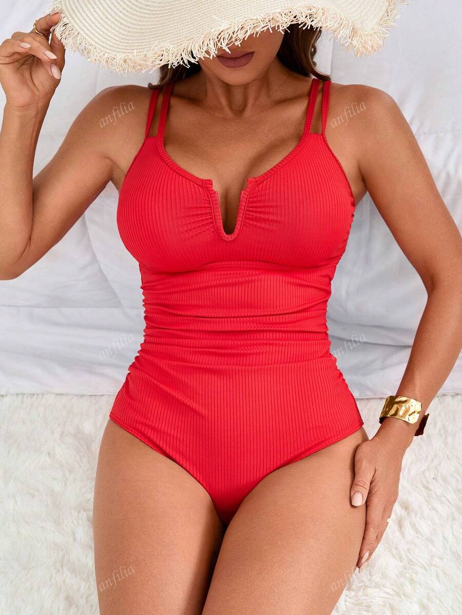 Women's V Neck Tummy Control Criss Cross One-Piece Swimsuit, For Summer Beach Vacation