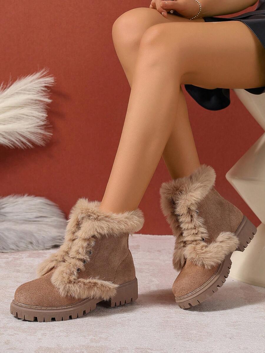 Mode Lässig Dicke Warme Damen Beige Stiefel/Schneestiefel, Modisch vielseitige Kunstvelours Fleece Neue Weiche Bequeme Frühling Herbst Winter Beige Weiß Schwarz Leopard Schnürung Flauschige Stiefel Kurzschaft Stiefel Motorradstiefel (Zufällige Farbe)