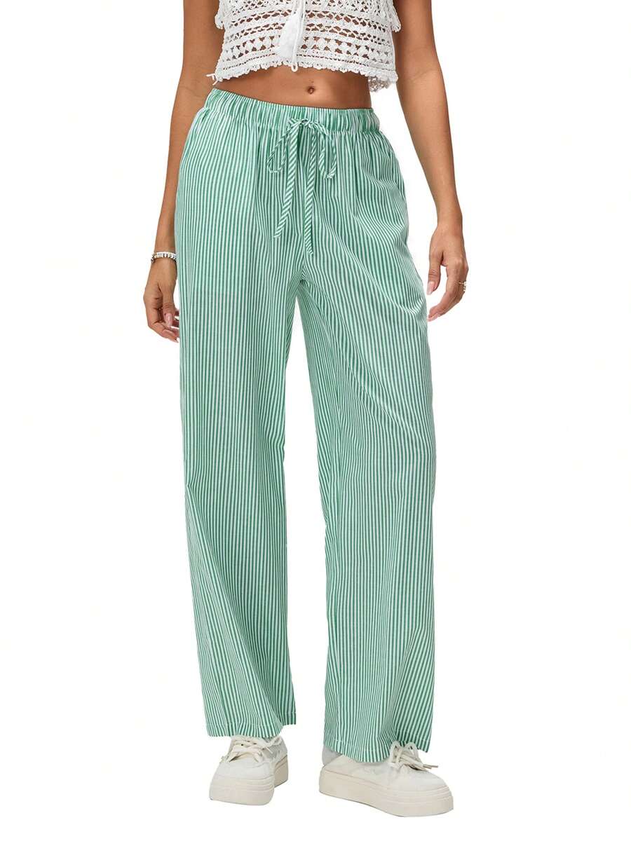 Women's Casual Stripe Print Wide Leg Pants Drawstring Elastic Waist Loose Straight Leg Long Pants With Pockets Streetwear
