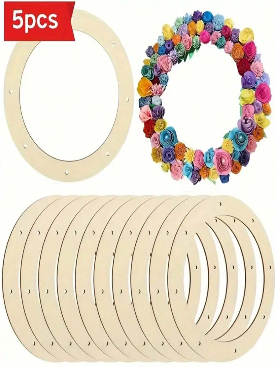 5/10-Pack Classic Style Wooden Craft Wreath Frames 11.81 Inch, DIY Christmas Wedding Decorations, Round Wood Hanging Ornament For Thanksgiving, Halloween, New Year, No Power Needed