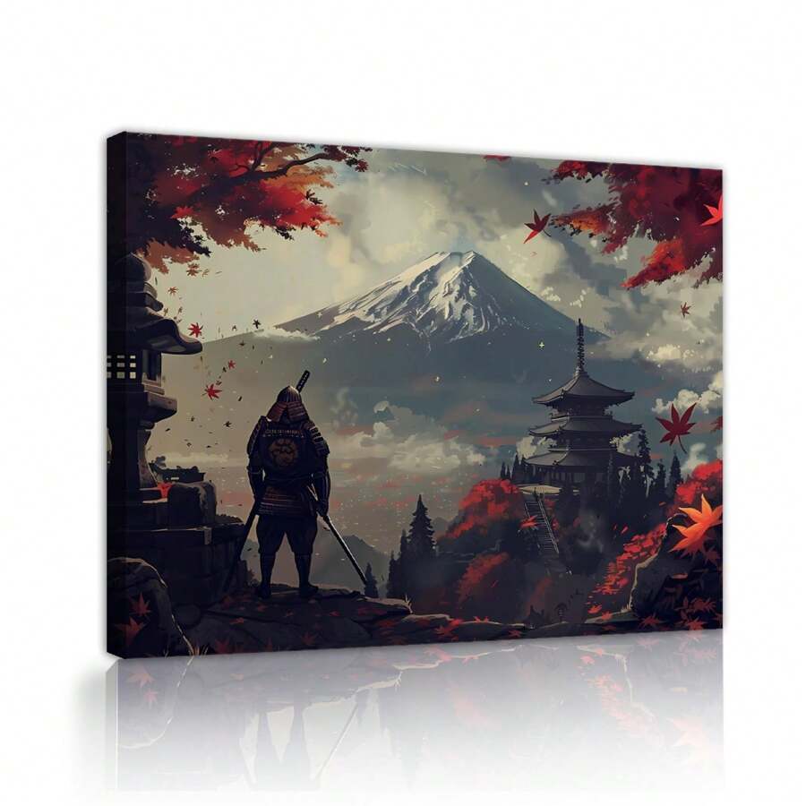 1pc Japanese Landscape Framed Canvas Wall Art Snowy Mountain Maple Leaves Wall Decor Paintings Japanese Samurai Canvas Prints Picture For Living Room Bedroom Corridor Apartment Bathroom Decoration