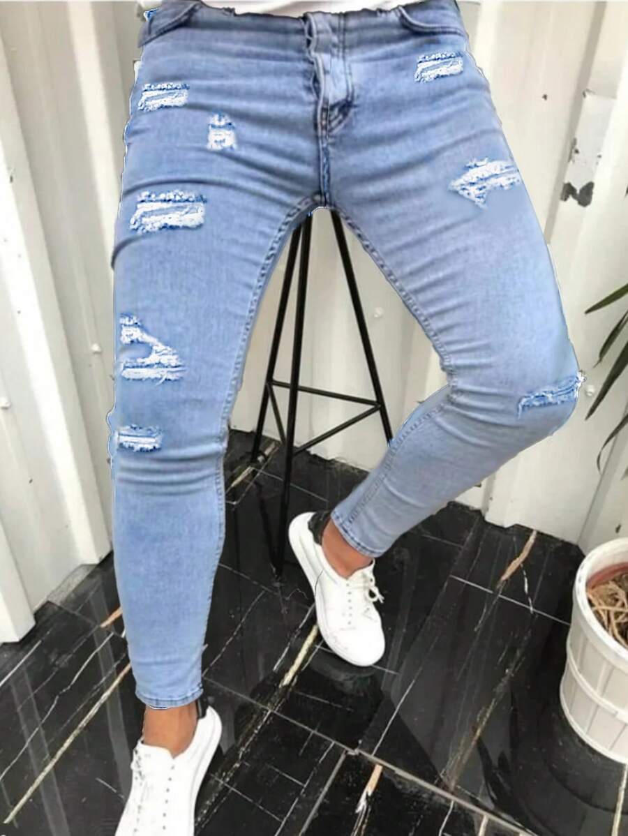Jeans pitillo rasgados para hombre, pantalones de estilo de motocicleta de pierna slim a la moda