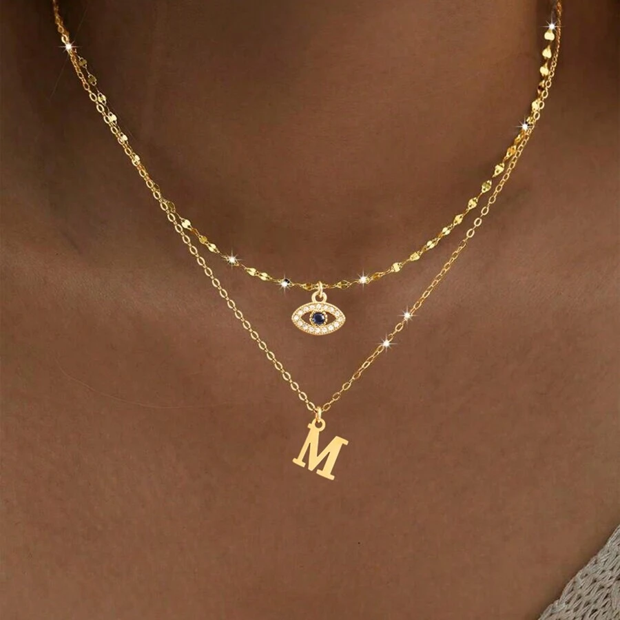 2Pcs/Set Simple Fashion Pave Zirconia Eye Initial Pendant Gold Color Stainless Steel Lip Chain Necklaces For Women