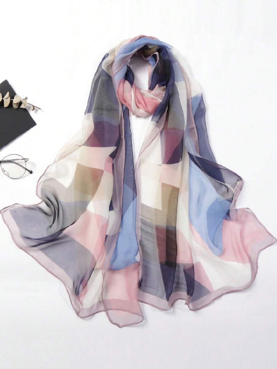 1pc Color Block Print Thin Scarf, Beach Sunscreen Travel Shawl Vintage Casual Long Chiffon Silk Geometric Patch Print Scarf Large Wrap, Summer Women Hair Accessories