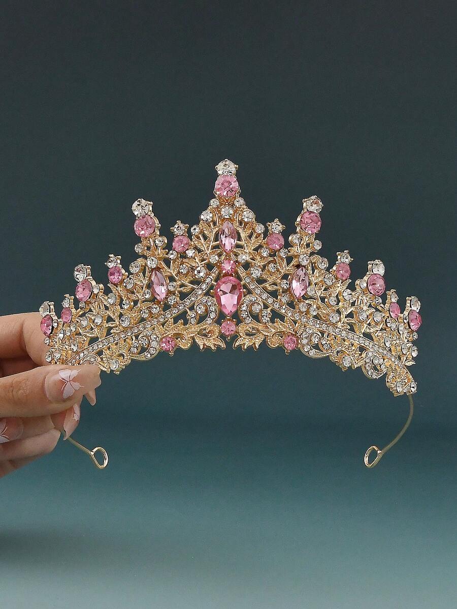 1 pieza Corona de aleación con cristal de diamante en forma de lágrima color rosa fashionable, adecuada para que las mujeres la usen en bodas, cumpleaños, fiestas