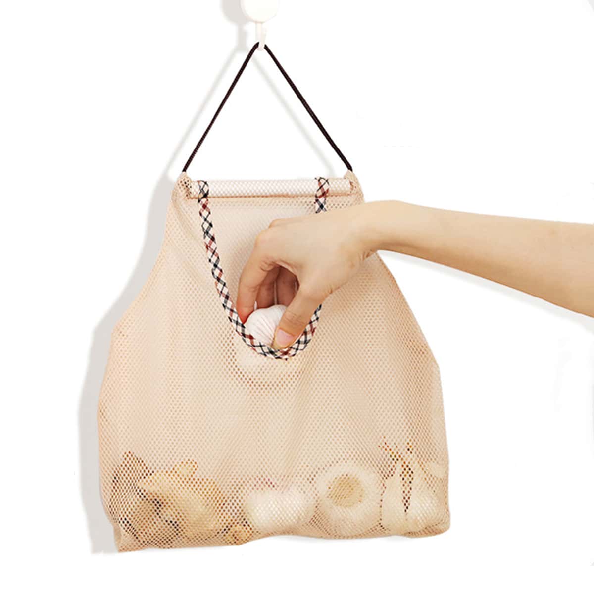 1 pieza Bolsa colgante de almacenamiento de cocina, bolsa perforada para almacenar cebollas, ajos, frutas y verduras