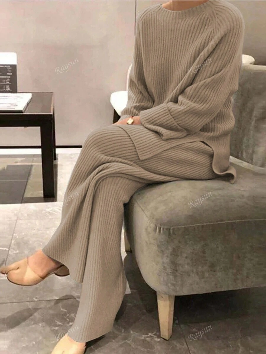 Set de 2 piezas de suéter informal de manga dolman de cuello redondo y pantalón ancho de vestir cómodo y sólido para mujer