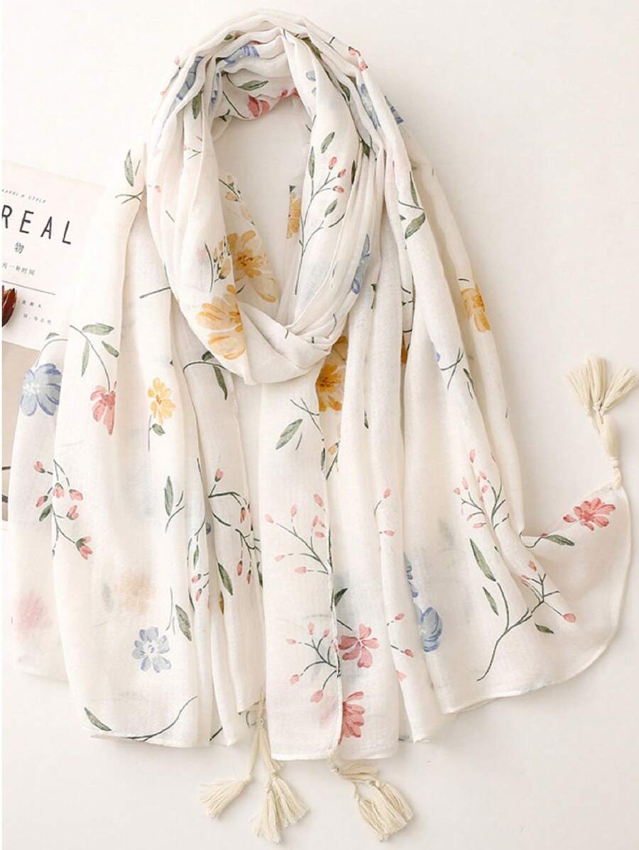 1pc Soft And Breathable Scarf For Women, Lightweight Warm Colorful Print Shawl With Tassels, Perfect For Outdoor And Daily Use