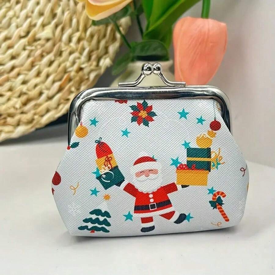 1 pieza Monedero de mujer en piel sintética con cierre de beso, forro de poliéster, diseño estampado de Navidad, un regalo de Navidad de moda