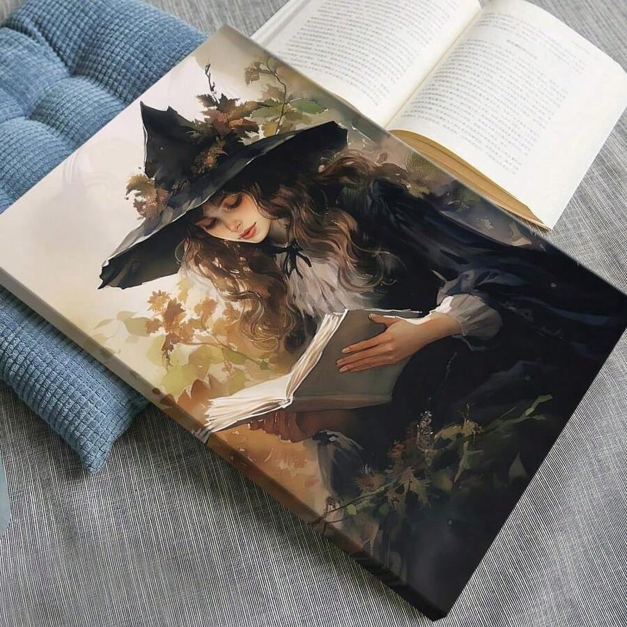 Whimsical Witches Read In Magical Fall Forest Watercolor Canvas Wall Art, Witch Art, Witch Wall Art, Dark Cabin Nuclear Halloween Decorations