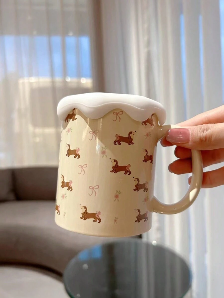 Blauwe deksel bloemen worst hond dames patroon keramische afternoon tea/koffie mok, geschenkbeker