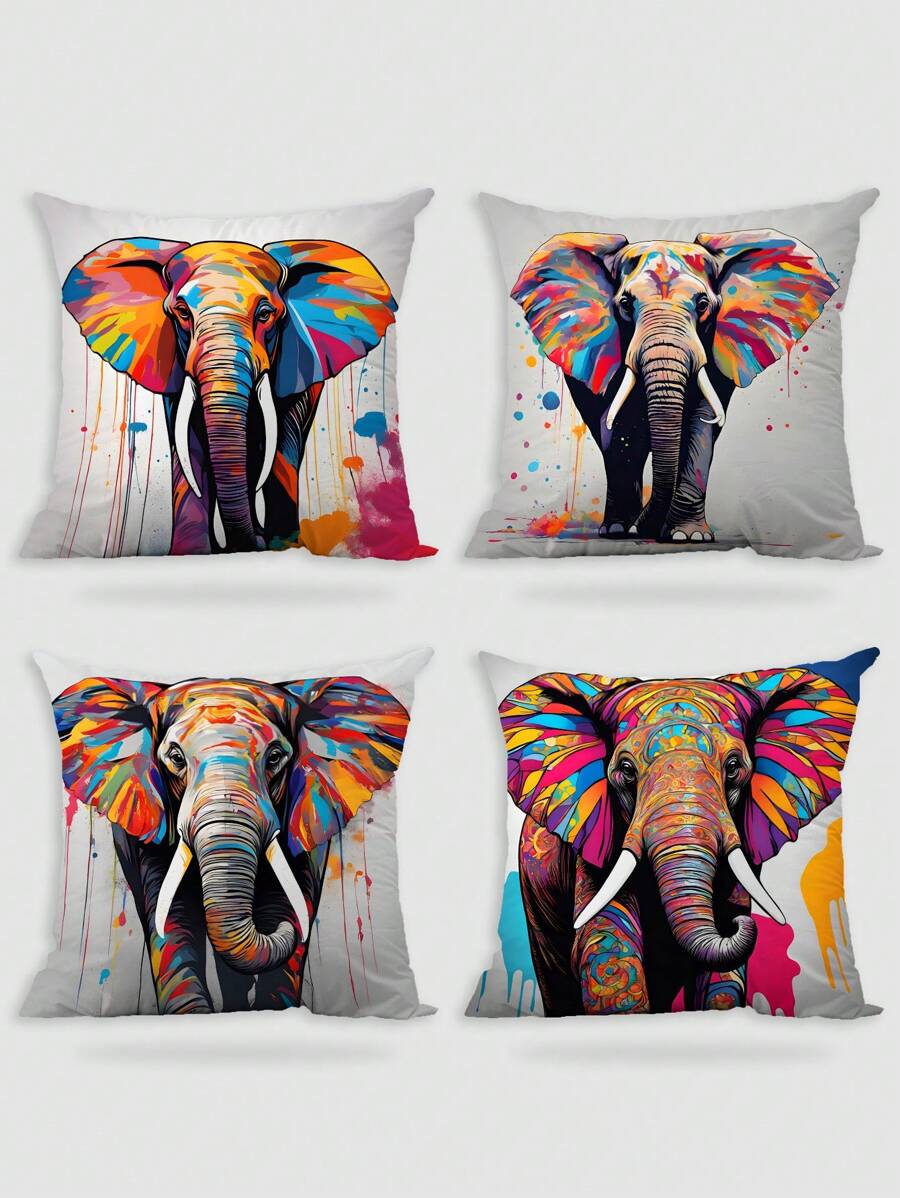 4 Pcs/1 Pc Artistic Colorful Elephant Short Plush Printed Pillowcase, Suitable For Living Room, Bedroom, Sofa, Home Decoration