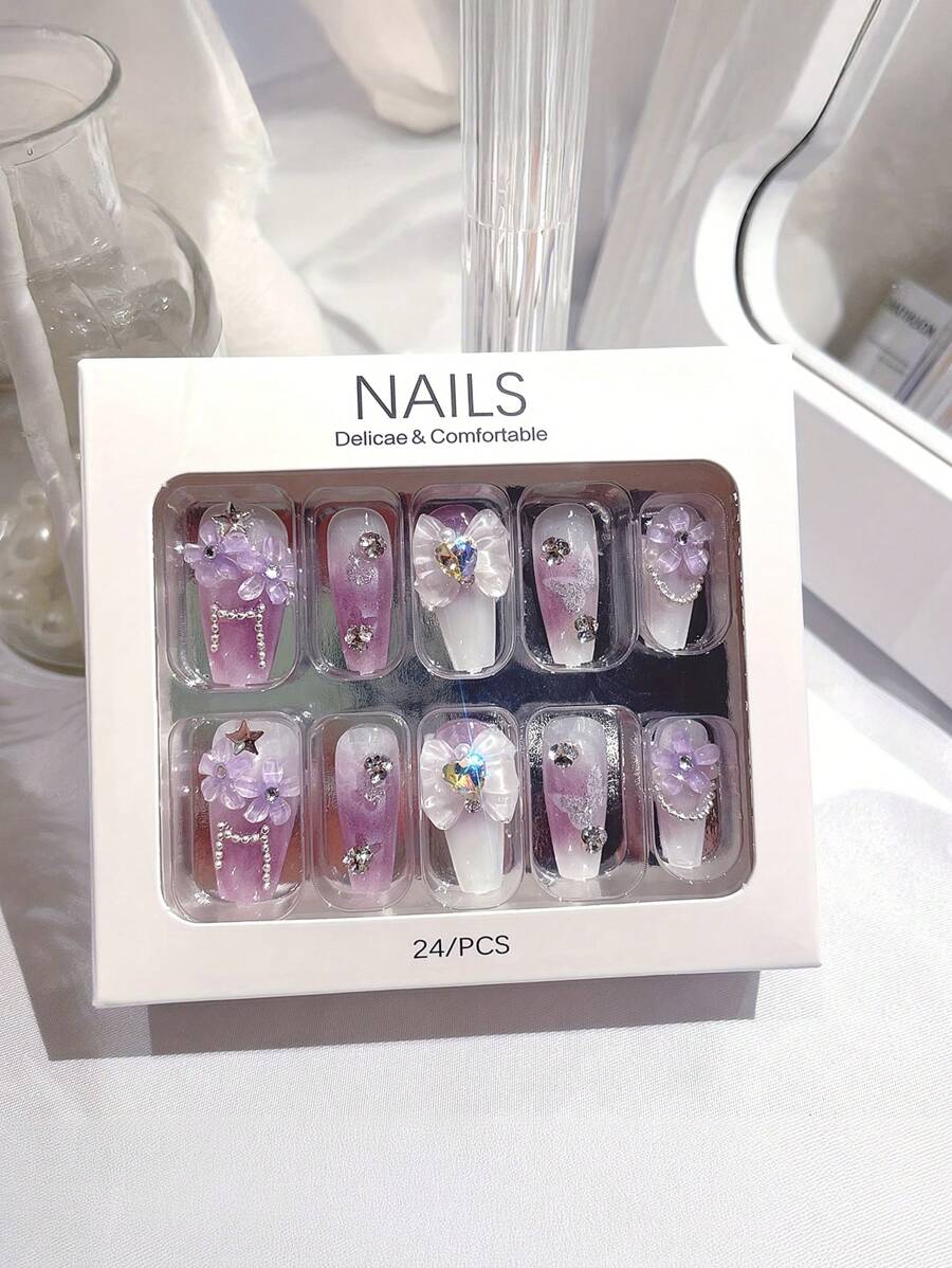 24pcs Purple Press On Nails Medium Coffin Fake Nails Purple And White Gradient Acrylic Nails With 3D Flower Bowknot And Rhinestone Design Glossy Glue On Nails For Women Girls