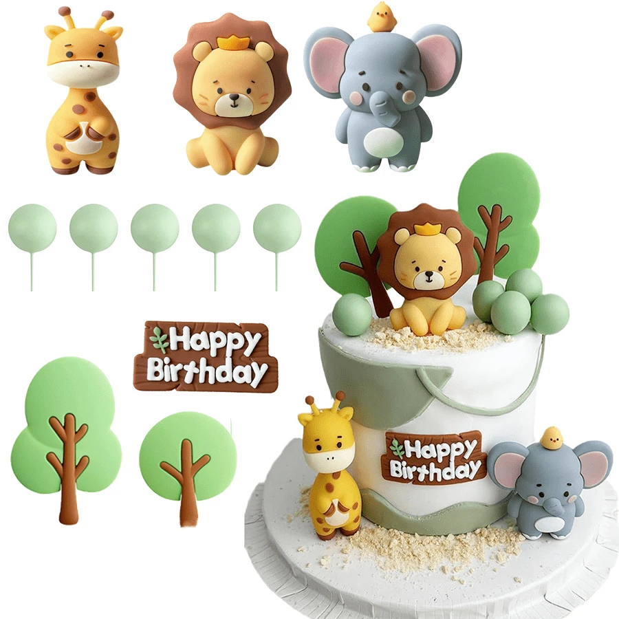 11 Set Jungle Animal Cake Veneer Lion Giraffe Monkey Elephant Happy Birthday Banner Wildlife Themed Birthday Party Supplies