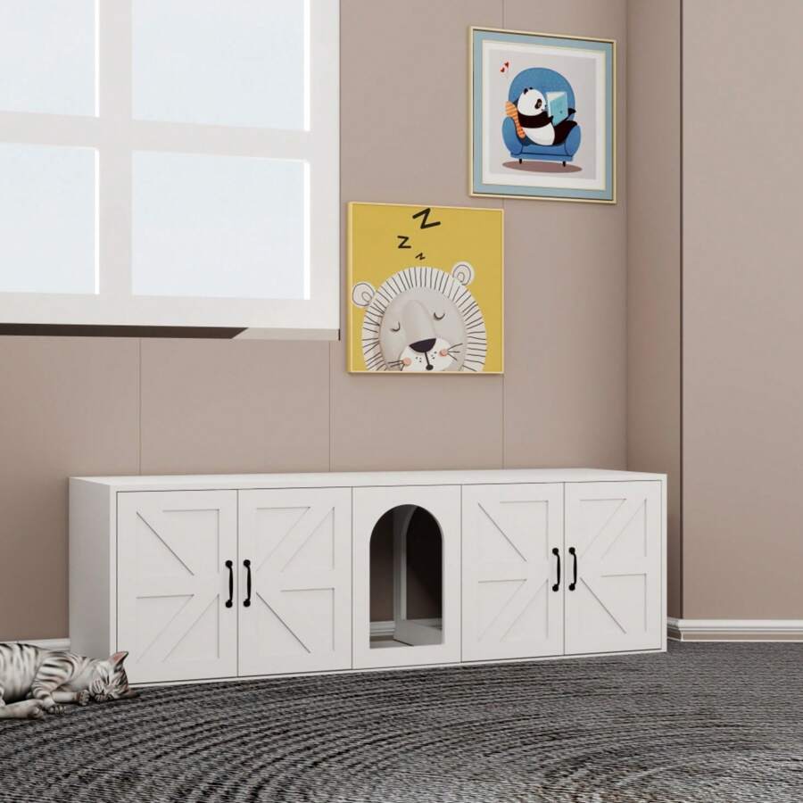FKZNPJ Litter Box Enclosure For 2 Cats Modern Cat Litter Box Furniture With Double Room Wooden Litter Box Furniture With Cat Door