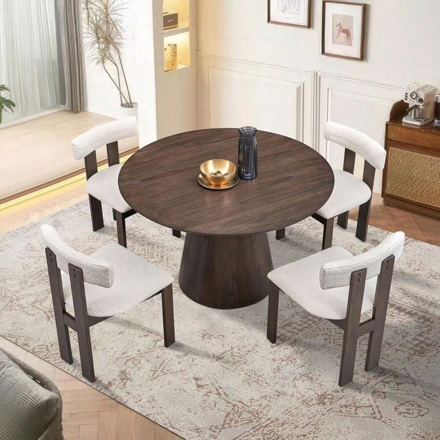 (1 Table With 4 Chairs)Wooden Dining Table Set, Modern Round MDF Kitchen Table And Boucle Upholstered Dining Chairs For Dining Room, Kitchen, Saving Space, Dark Brown,HomeNest9