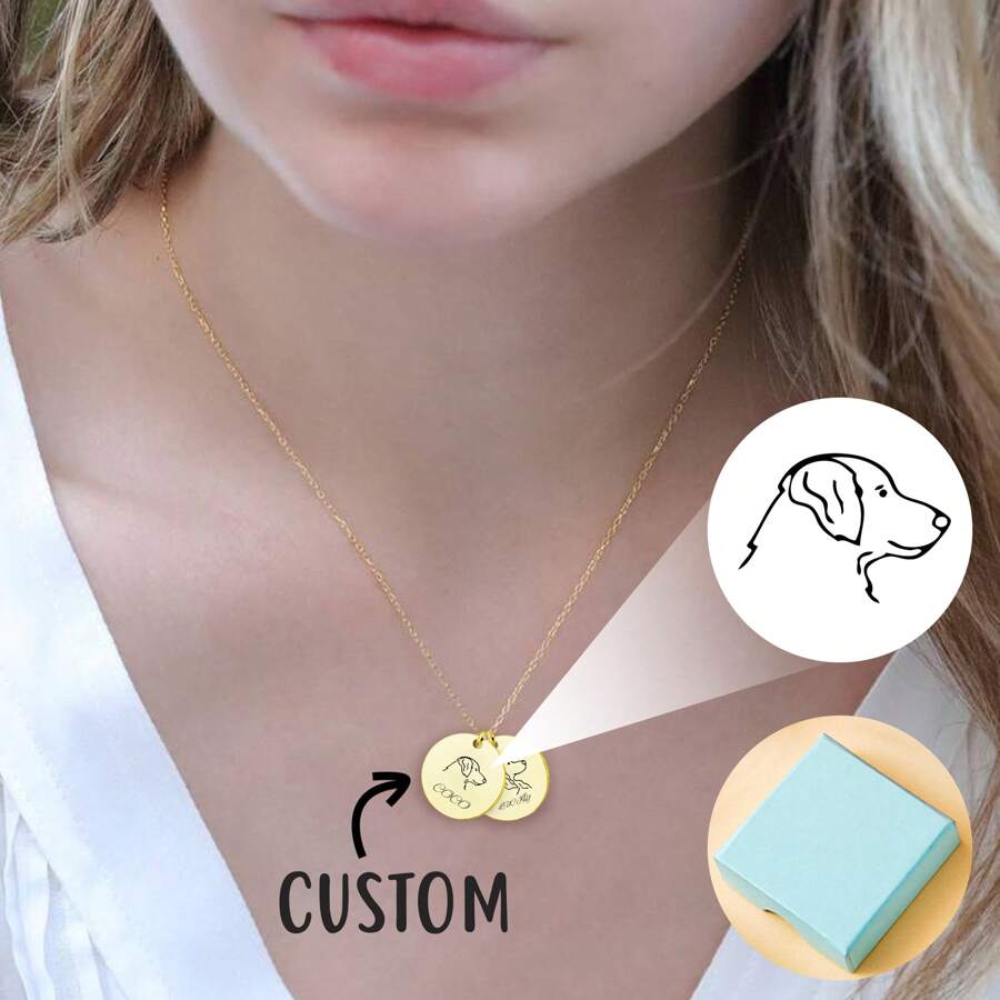 1pc Personalized Pet Jewelry Gift For Pet Mom - Pet Portrait Custom - Dog Stick Figure Portrait Necklace - Engraved Portrait From Photo -Pet Memorial Jewelry