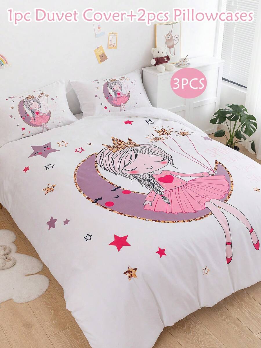 Juego de ropa de cama de 3 piezas con estampado de luna y estrellas para niñas, estilo princesa en colores pastel de poliéster, funda nórdica y funda de almohada, adecuado para todas las estaciones, ideal para el Día de San Valentín
