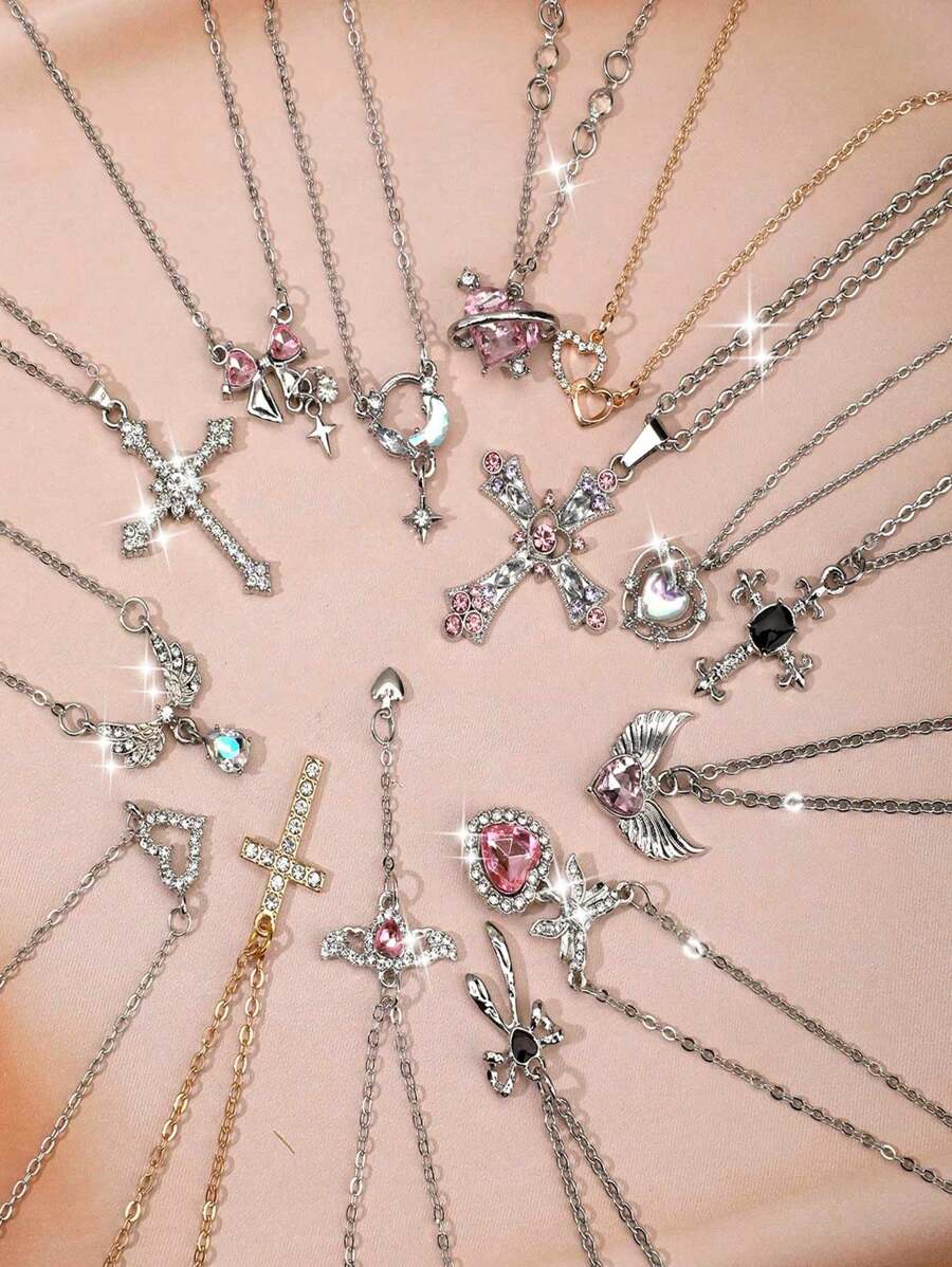 5pcs Fashionable Set: Rhinestone Angel Wing, Heart, Pink Diamonds, Minimalist Celestial Necklaces (Cross, Butterfly, Hearts, Moon, Stars, Swords) For Women