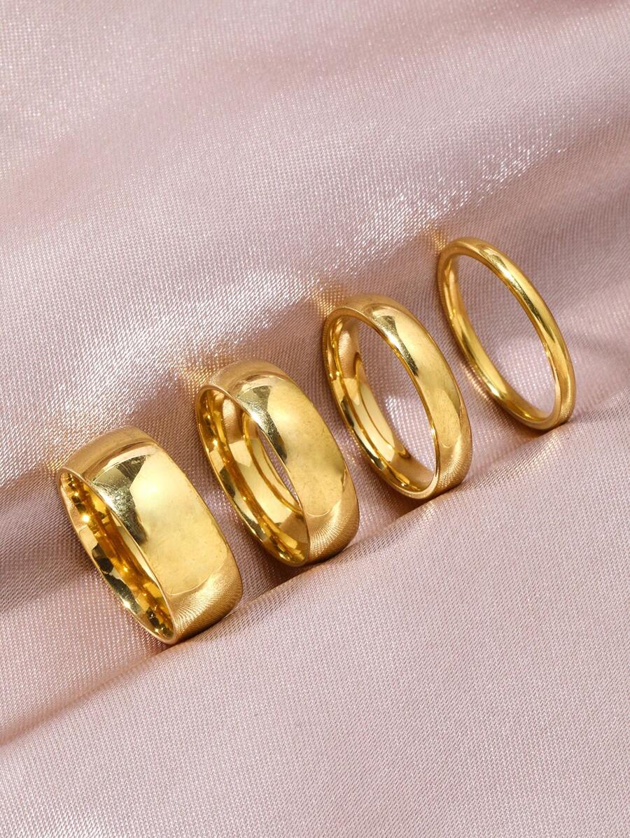 4 Pcs/Set Simple And Versatile Stainless Steel Plated 18k Gold Random Combination With Inner And Outer Ball Ring Different Thickness Gold Ring Men And Women With The Same Couple Ring For Women Daily Wear