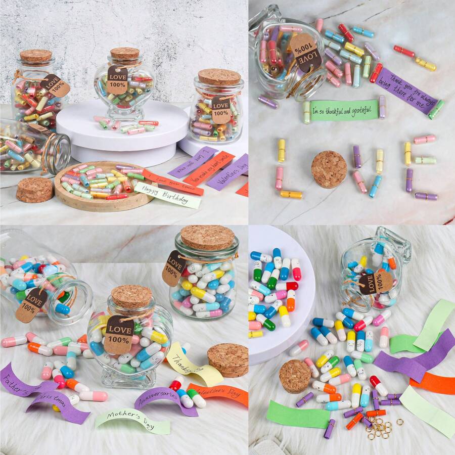 55Pcs Capsule Pills Love Message Note In A Glass Bottle,Cute Love Pills Smiling Face Love Friendship Letter With Wishing Bottle,Valentine's Day Love Capsule Letters Romantic Paper Love Message For Boyfriend Girlfriend Anniversary Birthday Mother's Day Gift