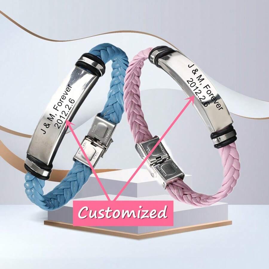 2 piezas Pulseras trenzadas personalizadas con nombres de pareja para hombres y mujeres, set de pulseras personalizadas grabadas para parejas, regalos de joyería para aniversarios, San Valentín, mejores amigos, fechas, números, iniciales, coordenadas, símbolos, hebreo