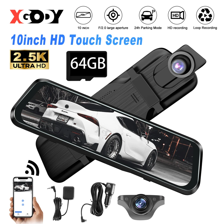 XGODY 2.5K HD Mirror Dash Camera WIFI &APP GPS Car DVR Video Hardwire With 32GB/64GB/128GB SD Card Night Recorder Front Rear Loop Recording Touch Screen TypeC
