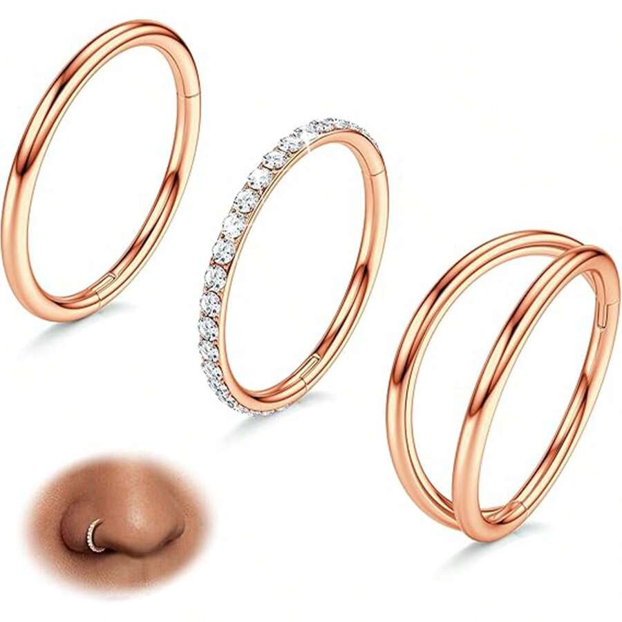 3pcs Nose Rings Hoops - 316L Surgical Steel Double Hoop Nose Rings 16G/18G/20G Hinged CZ Conch Piercing Jewelry Septum Clicker Lip Rings Cartilage Earring Helix Rook Tragus Daith 7mm/8mm/10mm