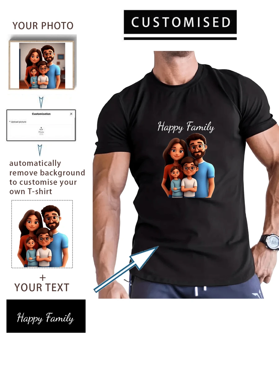 Camiseta casual holgada de cuello redondo personalizada y cómoda para hombre con diseño gráfico. Personalizable con tu propia foto y texto/logotipo para parejas, familias, mascotas, regalos, disfraces únicos para hombres, cápsula de armario, estilo básico/urbano. Regalos ideales para él, novio, familia, amigos, cumpleaños, vacaciones/días festivos, escuela/competiciones, deportes/escalada, camisas de verano