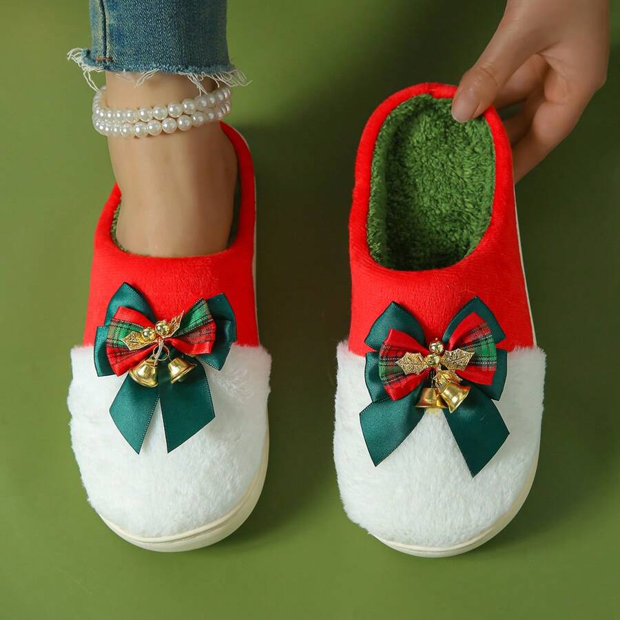 Kerststijl schattige bel en strik pluche warme antislip zachte pantoffels voor binnen en buiten