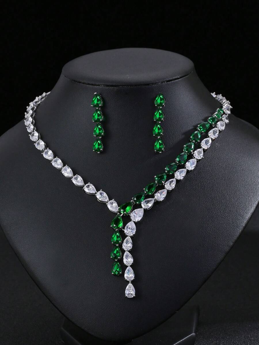 Set de 3 piezas de joyería de estilo europeo y estadounidense con collar y aretes de cobre con circonita, adecuado para vestido de boda, fiesta de noche y uso festivo
